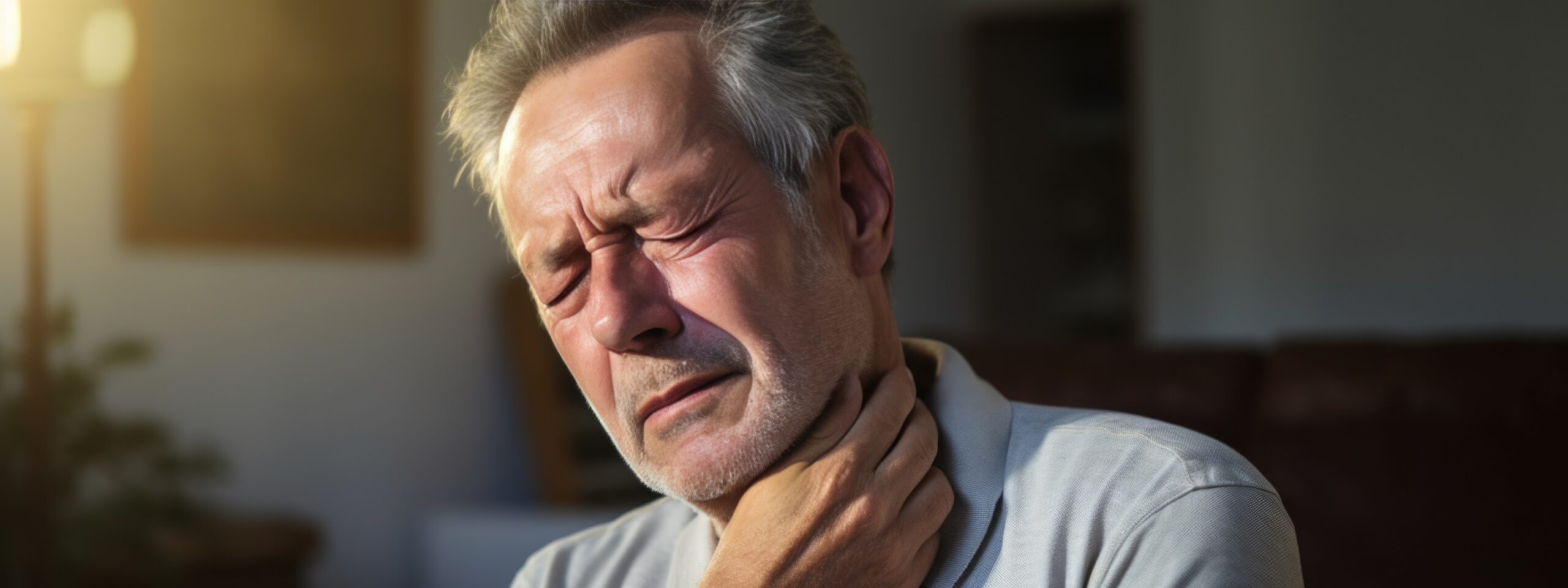 Man touching painful neck, sore throat for flu, cold and infection